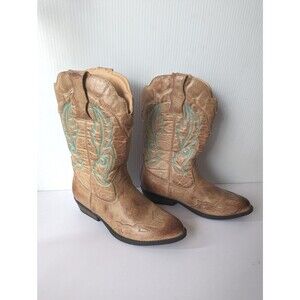 Liberty Cowboy Western Wedding Boots Womens Size 5 Tan Blue Embroidery Cowgirl